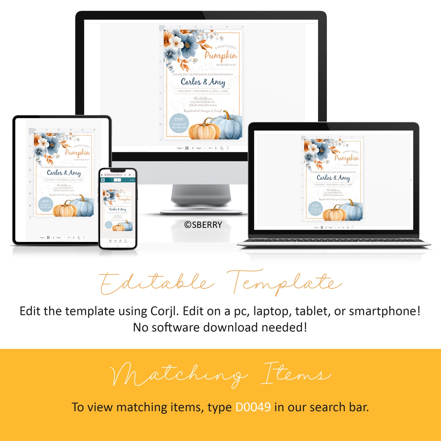Fall baby shower invitation template pumpkin theme editable Corjl blue orange baby shower invite instant download