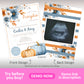 Pumpkin baby shower invitation front and back design blue floral fall baby shower invite printable template