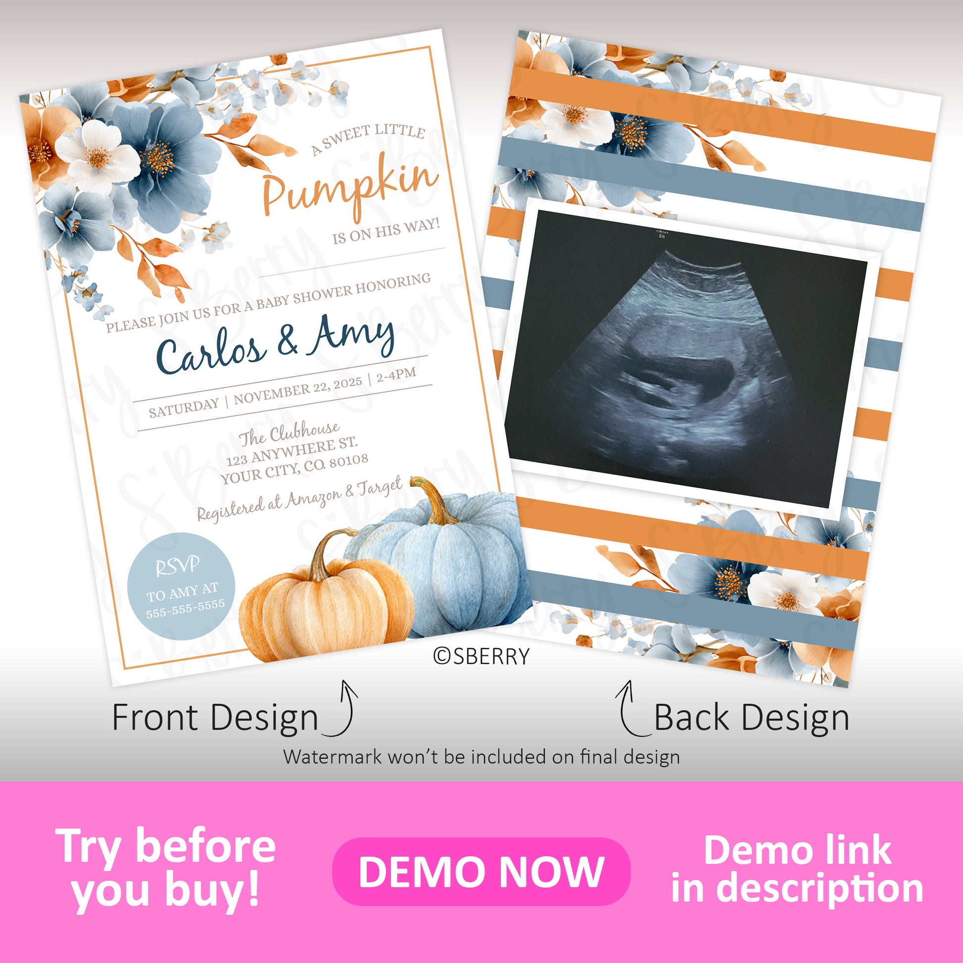 Pumpkin baby shower invitation front and back design blue floral fall baby shower invite printable template