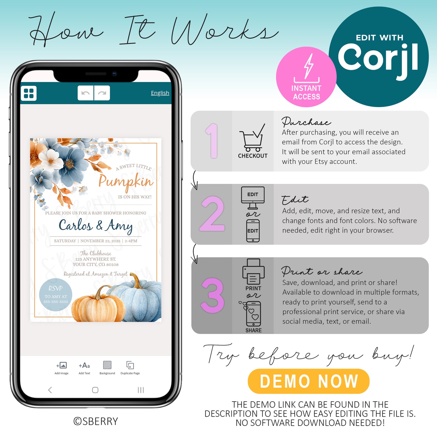 How to edit baby shower invitation template using Corjl fall pumpkin invite instant access editable download