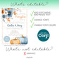 Editable baby shower invitation template showing customizable text fonts colors pumpkin theme Corjl design