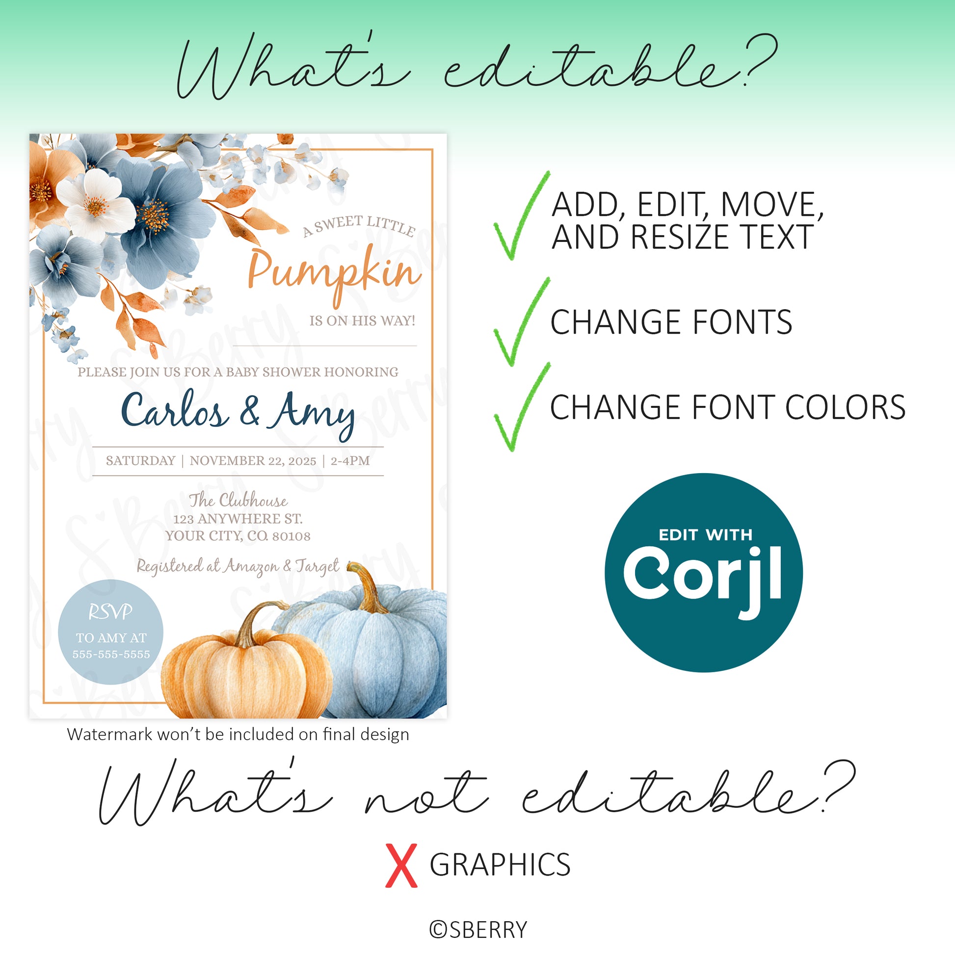 Editable baby shower invitation template showing customizable text fonts colors pumpkin theme Corjl design