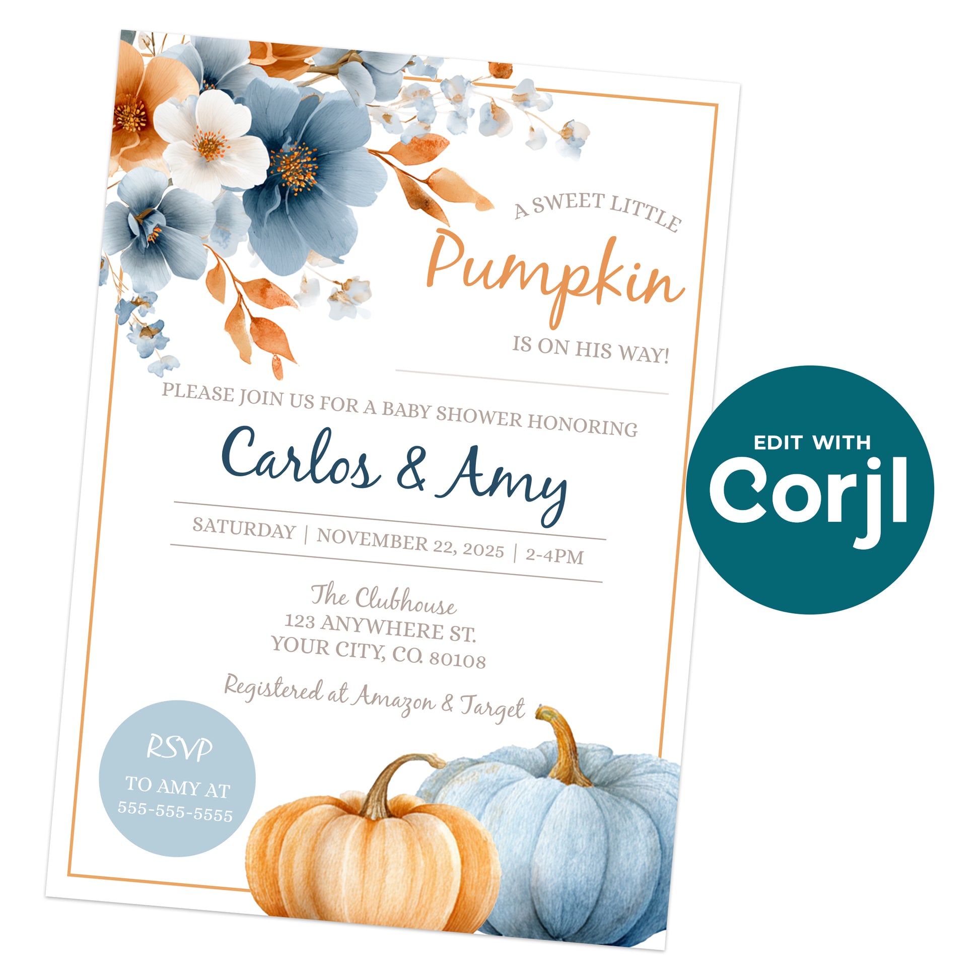Printable pumpkin baby shower invitation template blue orange fall baby shower invite editable Corjl