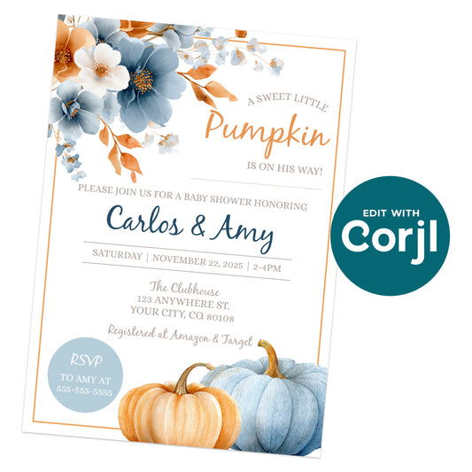 Printable pumpkin baby shower invitation template blue orange fall baby shower invite editable Corjl