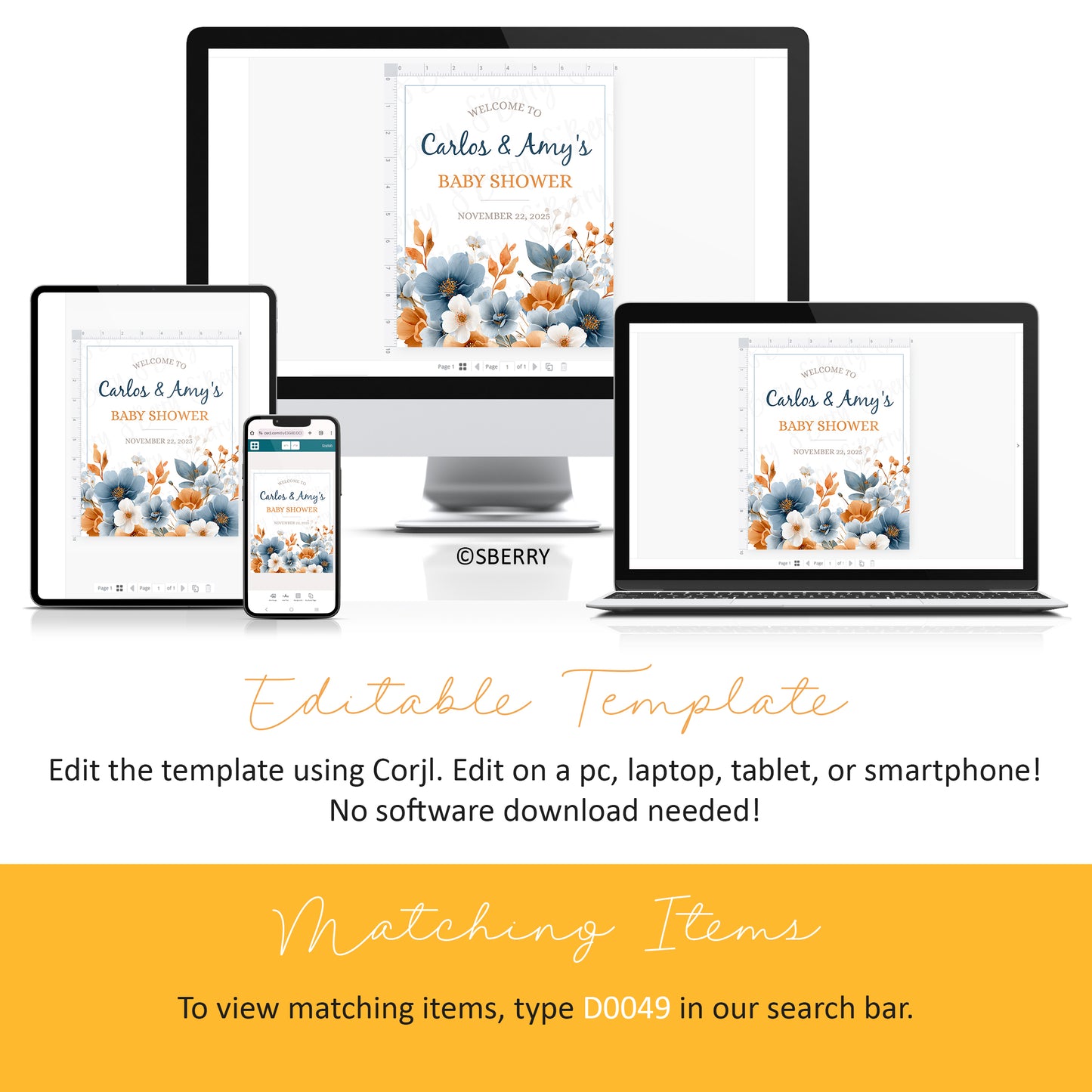 Editable baby shower welcome sign template displayed on phone, tablet, and desktop using Corjl, blue and orange floral design