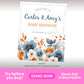 Floral baby shower welcome sign template with blue and orange flowers, customizable names and event date