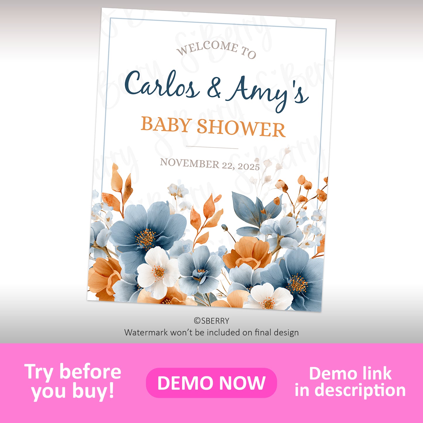 Floral baby shower welcome sign template with blue and orange flowers, customizable names and event date