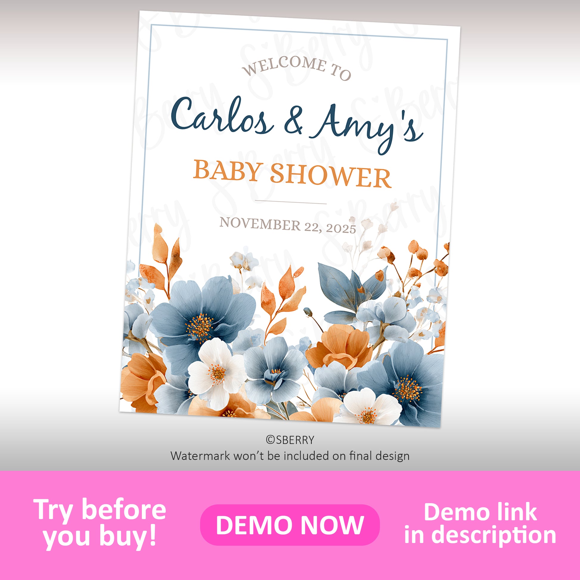 Floral baby shower welcome sign template with blue and orange flowers, customizable names and event date