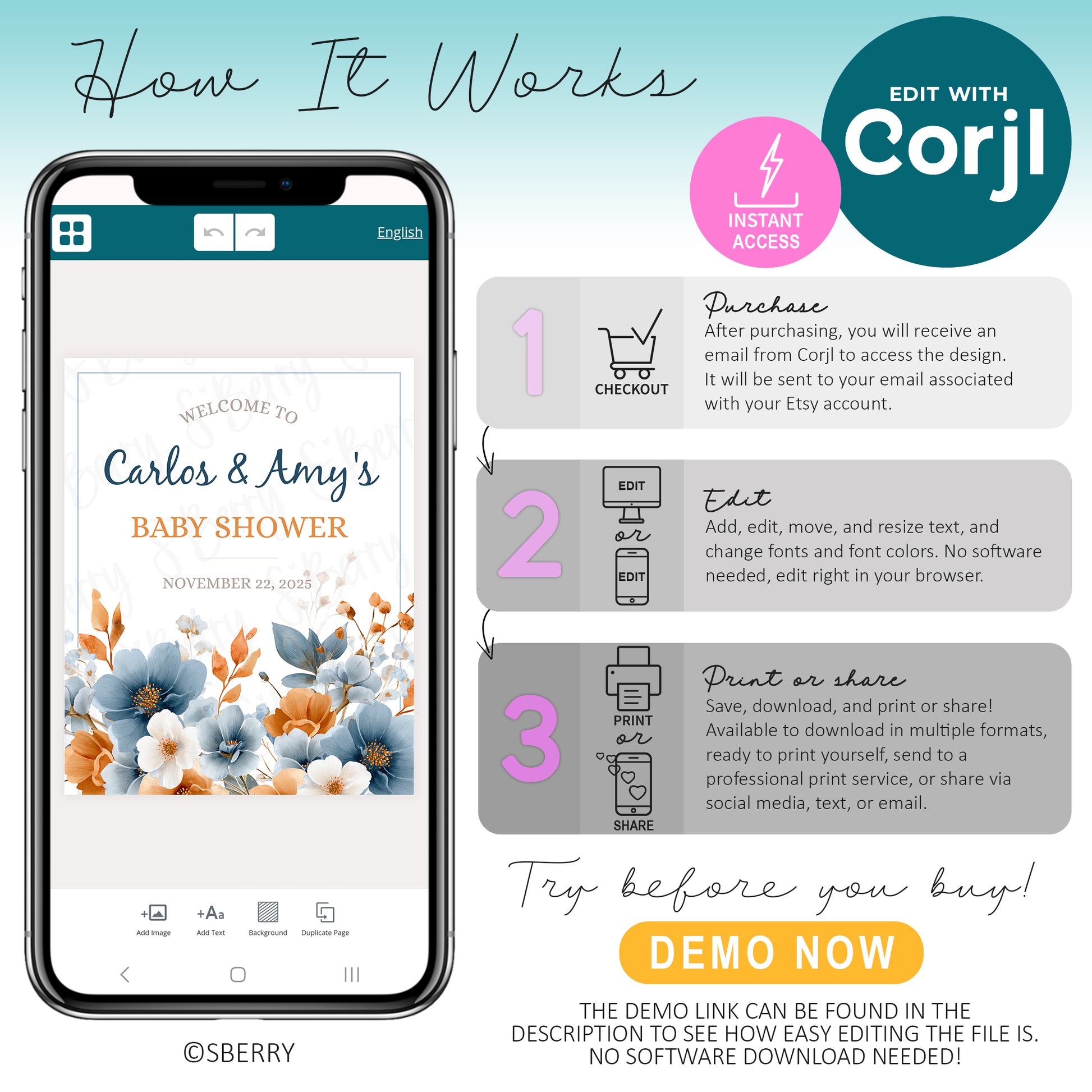 Corjl editable template instructions showing steps to purchase, edit baby shower sign, and download printable design
