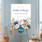Baby shower welcome sign on easel with blue and orange floral design, printable event sign decor template
