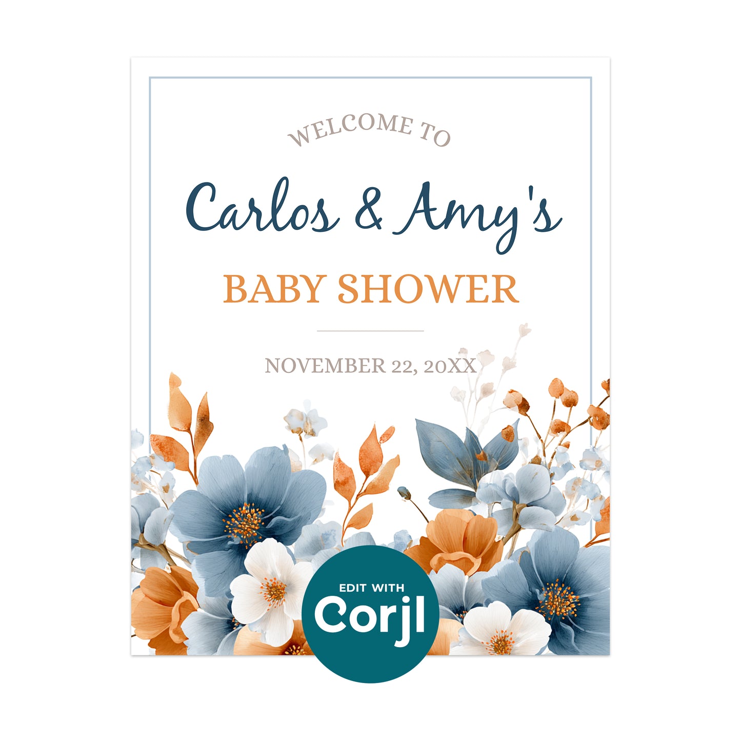 Minimalist baby shower welcome sign template with blue and orange floral border, editable printable design