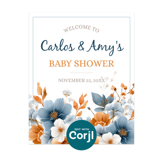 Minimalist baby shower welcome sign template with blue and orange floral border, editable printable design