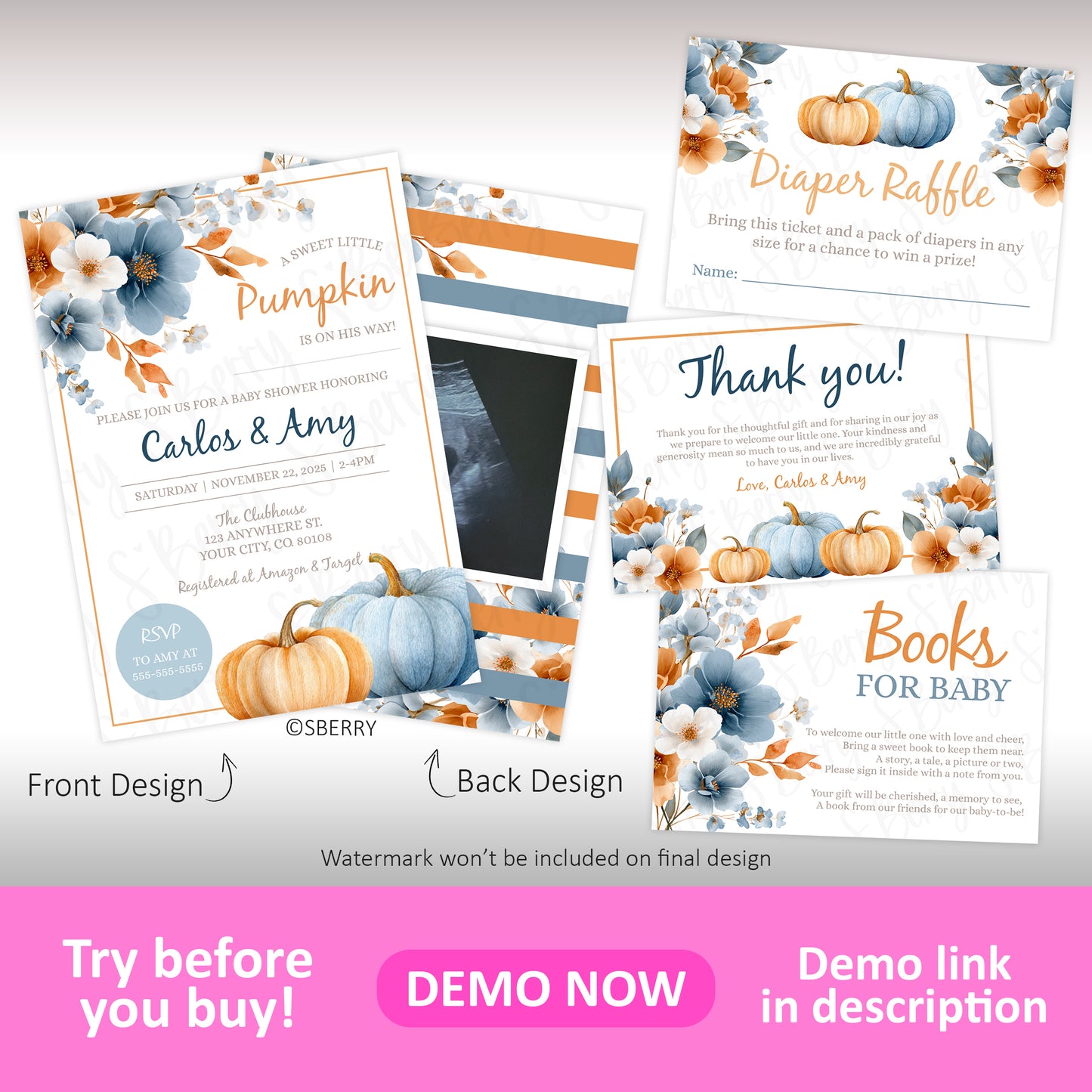 Pumpkin baby shower invitation set with diaper raffle books for baby and thank you cards fall baby shower bundle