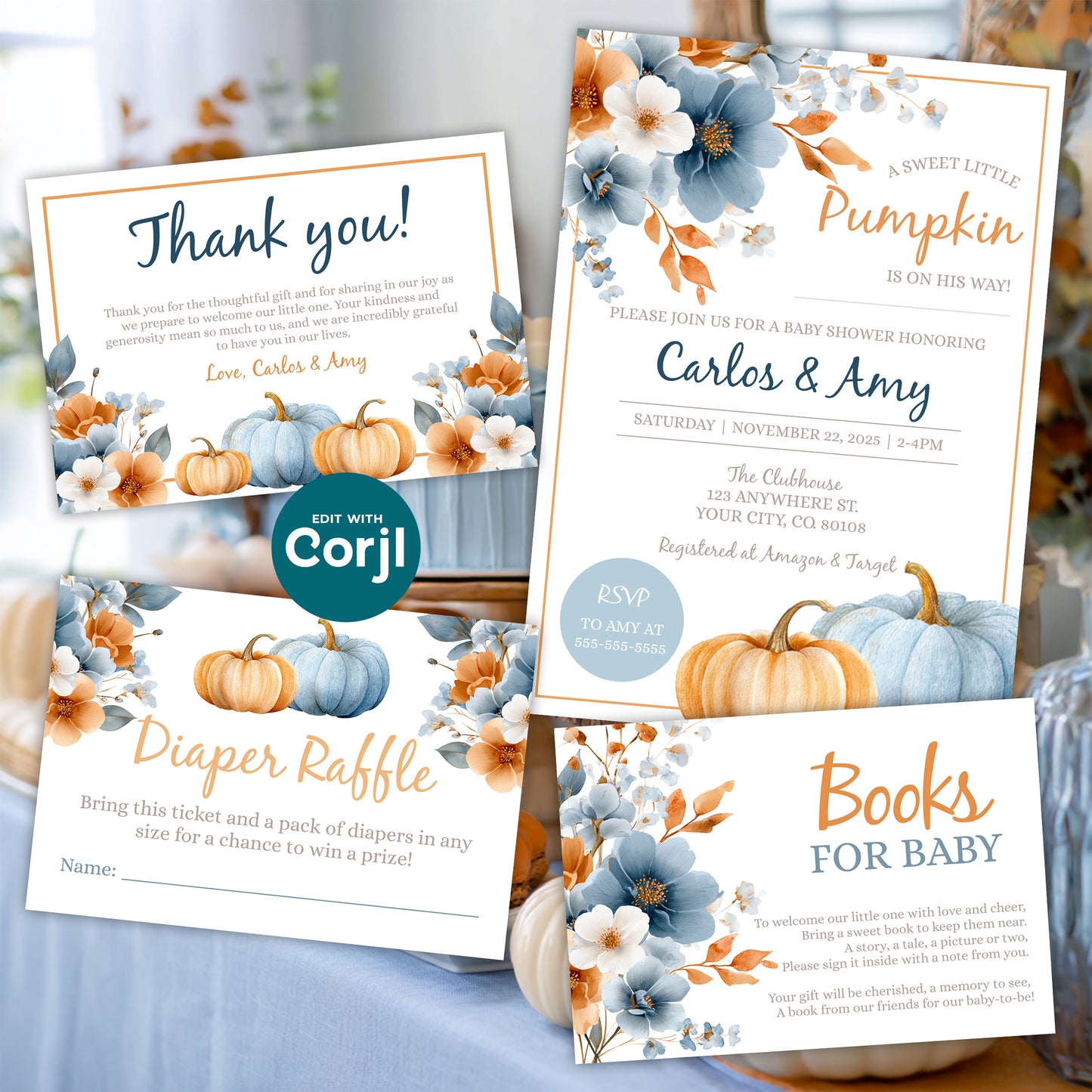 Fall baby shower decor set pumpkin theme invitation diaper raffle and books for baby cards blue orange theme