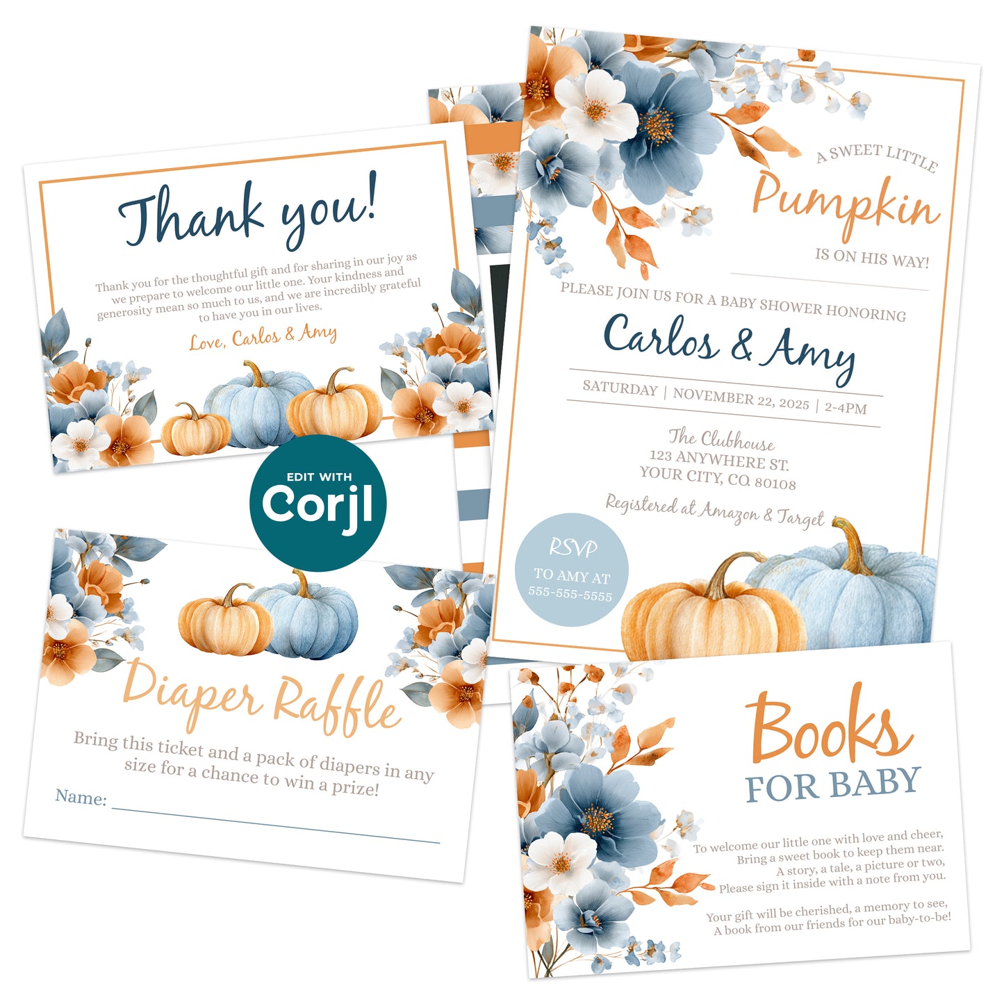 Pumpkin baby shower invitation bundle with thank you card diaper raffle and books for baby fall baby shower template editable Corjl