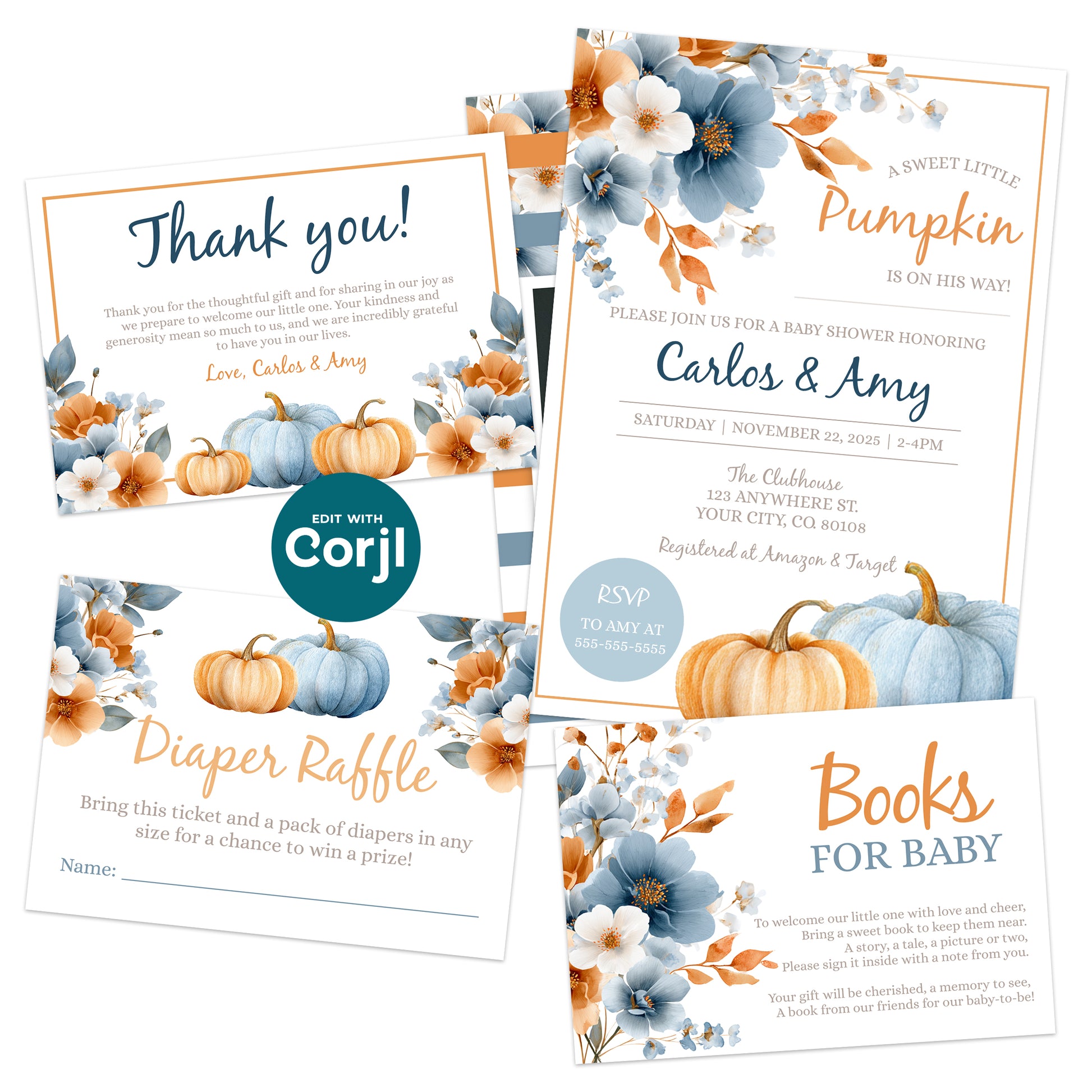 Pumpkin baby shower invitation bundle with thank you card diaper raffle and books for baby fall baby shower template editable Corjl