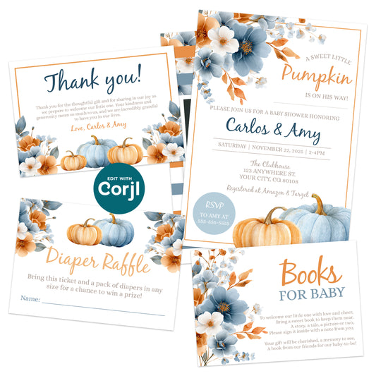 Pumpkin baby shower invitation bundle with thank you card diaper raffle and books for baby fall baby shower template editable Corjl