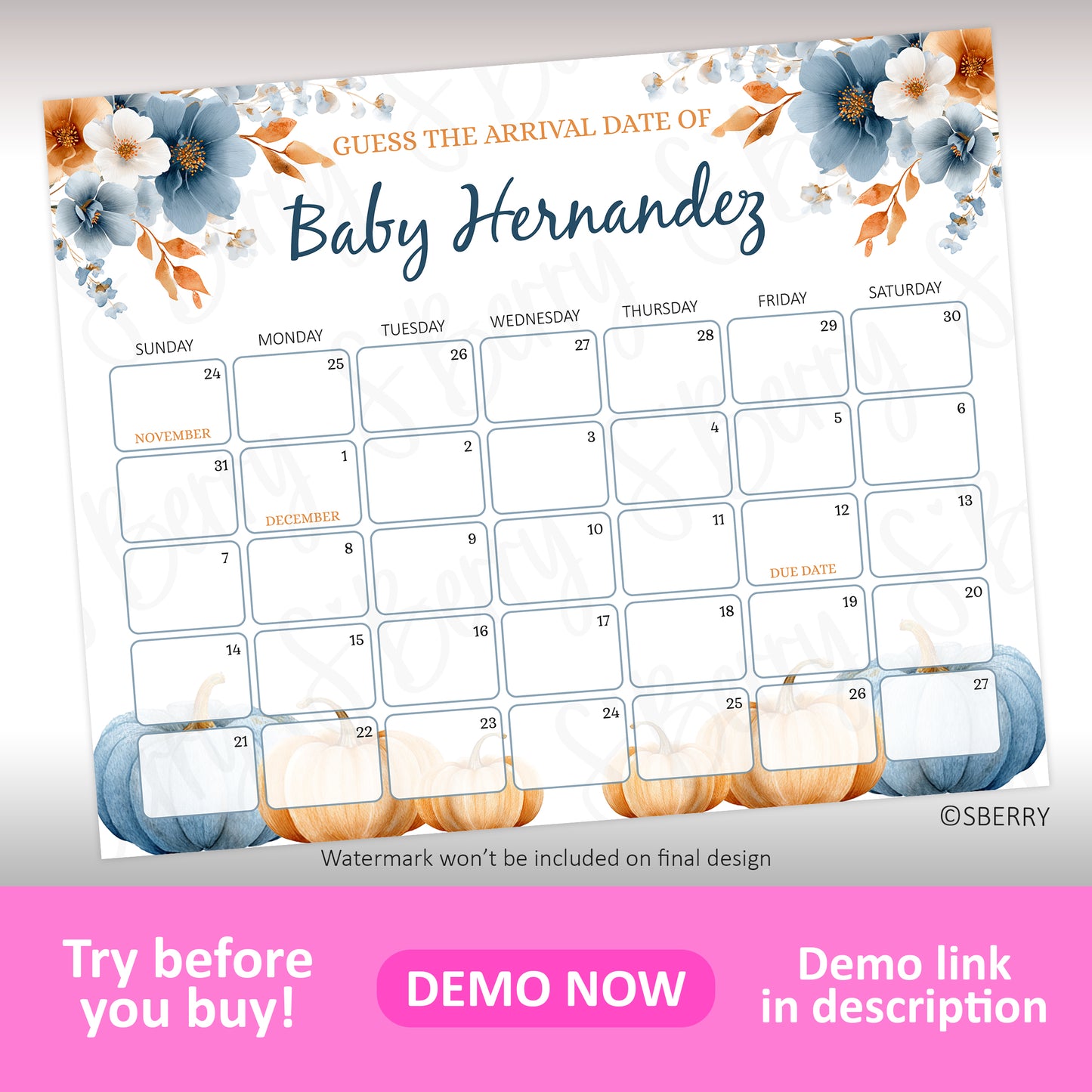 Fall baby shower prediction calendar printable pumpkin baby due date game sign blue orange editable template