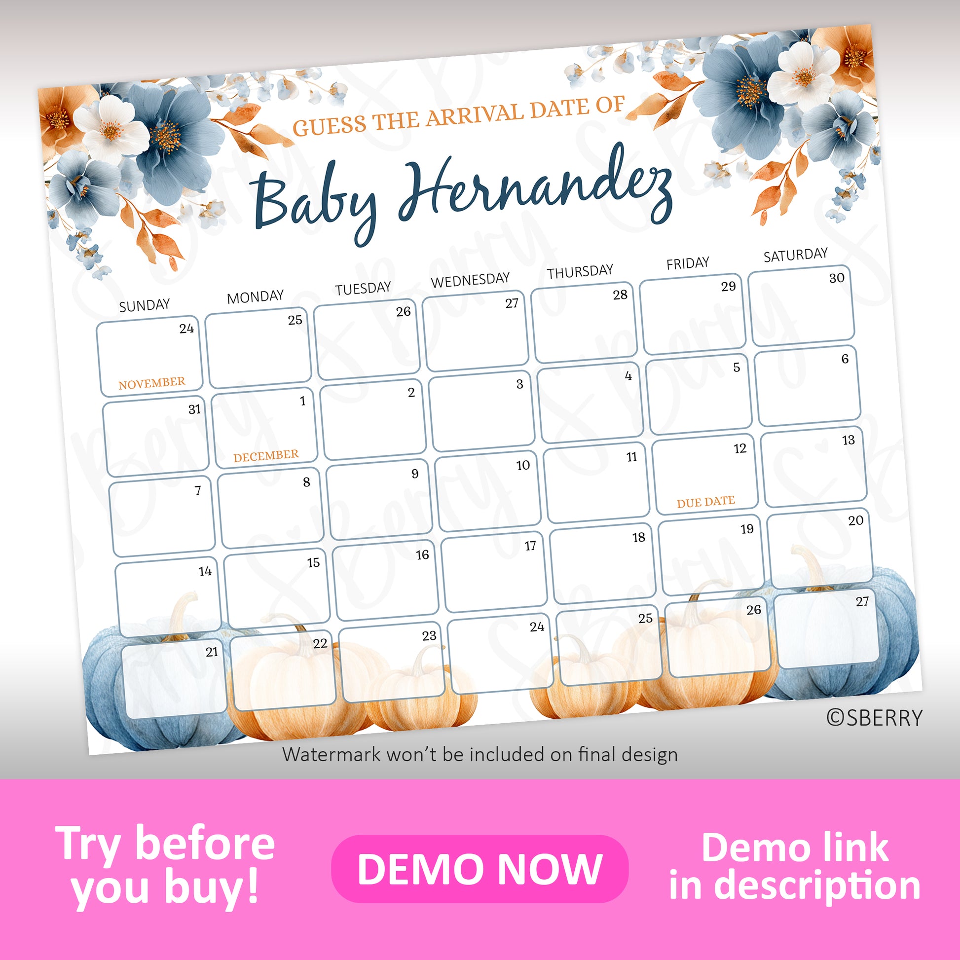 Fall baby shower prediction calendar printable pumpkin baby due date game sign blue orange editable template