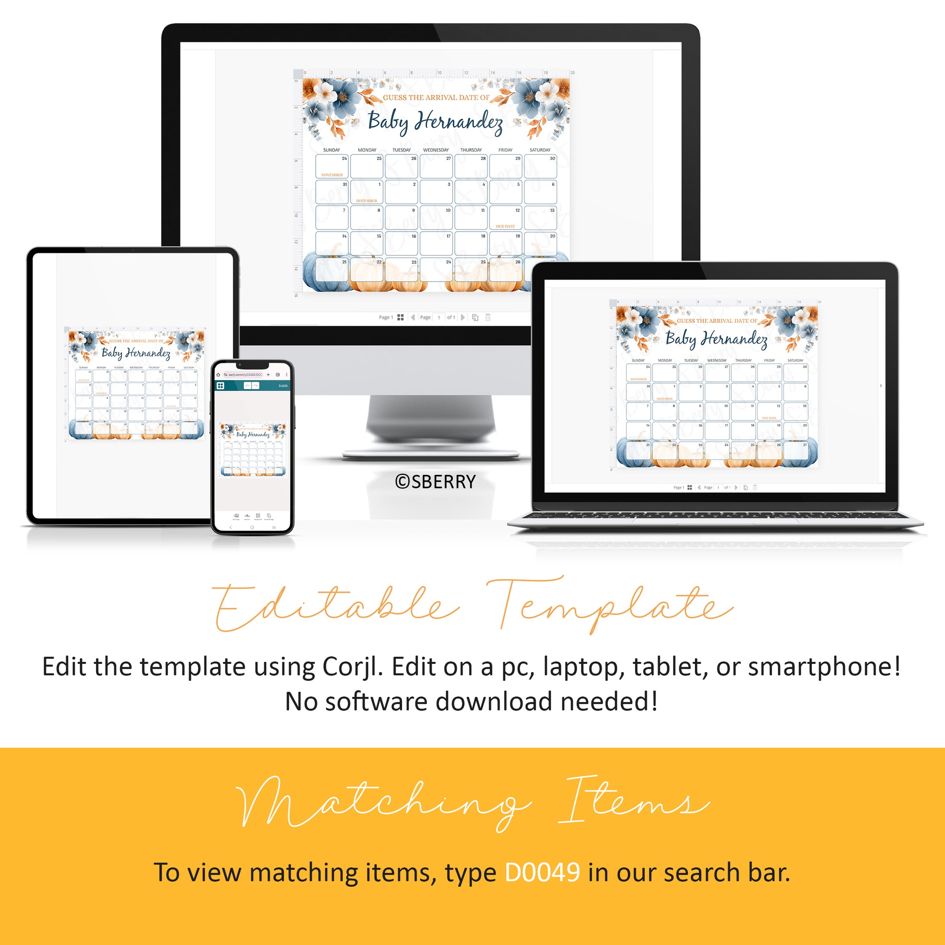 Editable fall baby shower game template Corjl pumpkin prediction calendar printable instant download