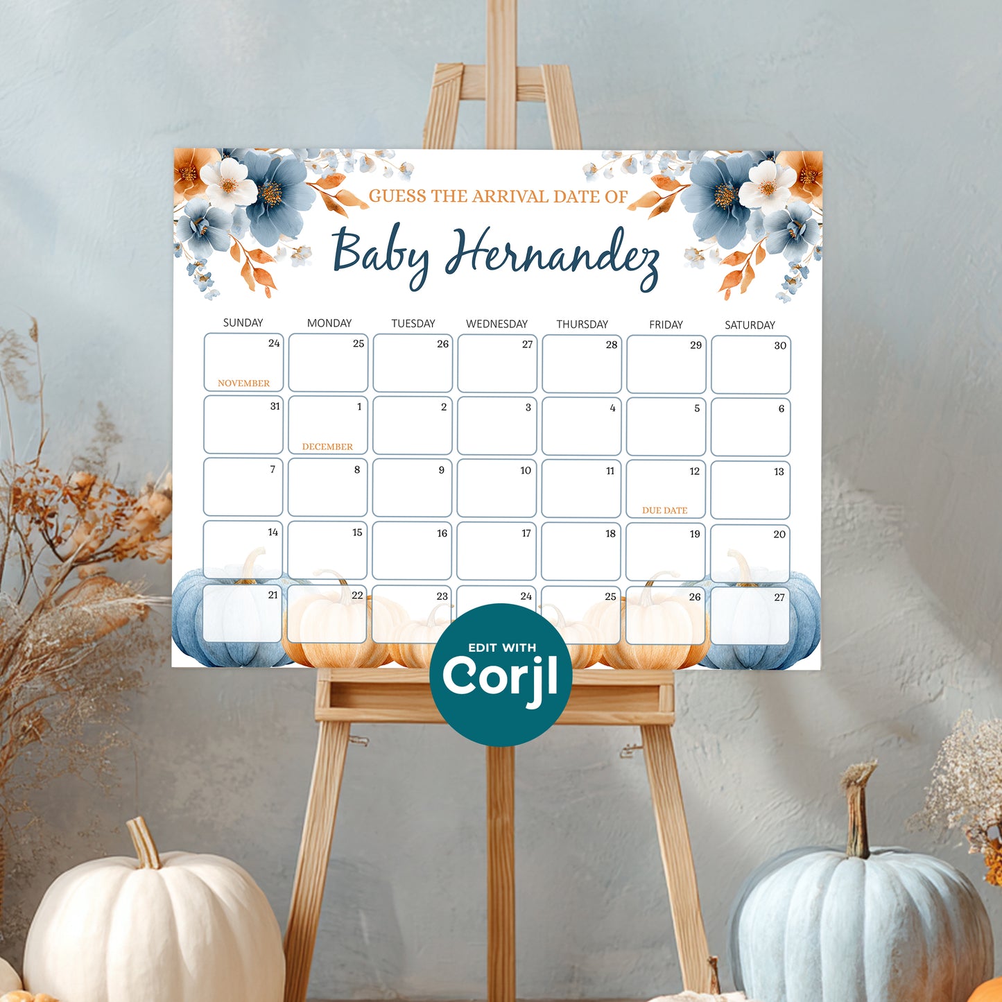 Pumpkin baby shower prediction calendar sign fall baby shower decor guess baby due date printable game