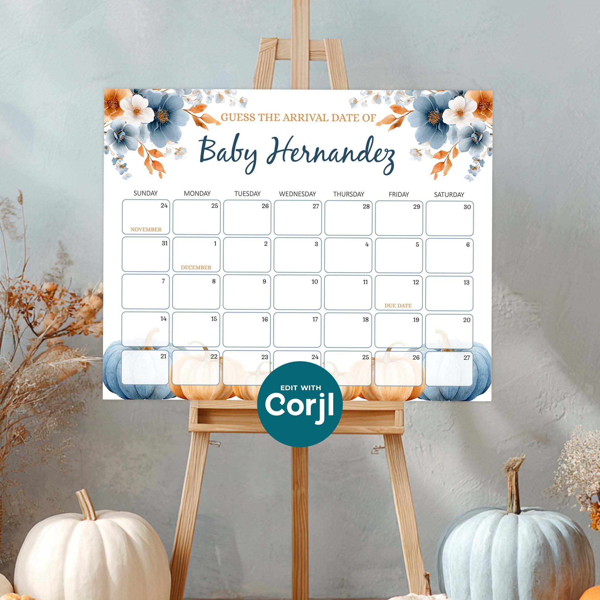 Pumpkin baby shower prediction calendar sign fall baby shower decor guess baby due date printable game