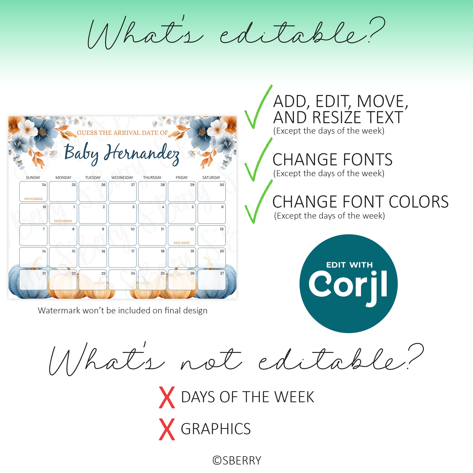 Editable baby shower prediction calendar template showing customizable text fonts colors Corjl printable