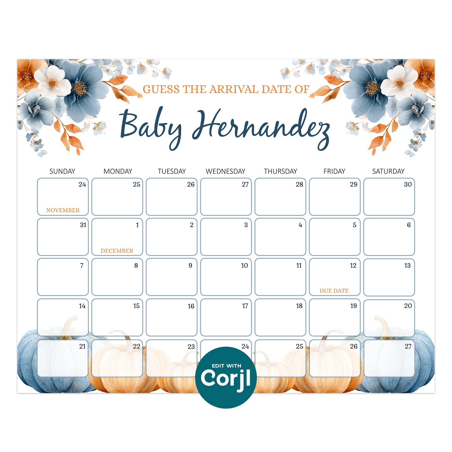 Printable fall baby shower prediction calendar pumpkin theme guess baby due date game sign editable