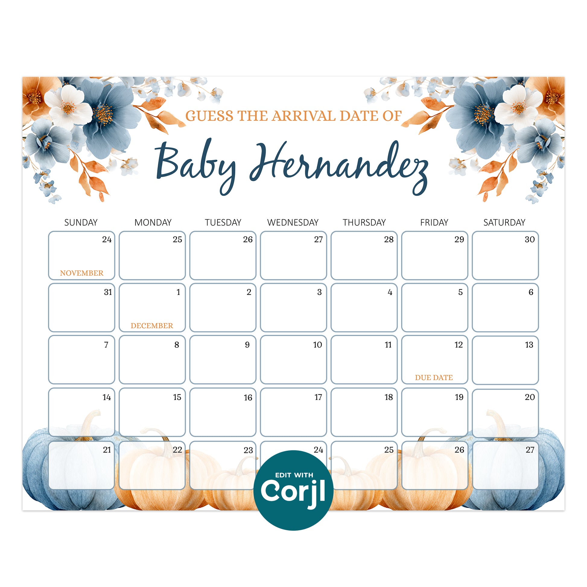 Printable fall baby shower prediction calendar pumpkin theme guess baby due date game sign editable