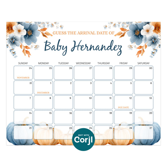 Printable fall baby shower prediction calendar pumpkin theme guess baby due date game sign editable
