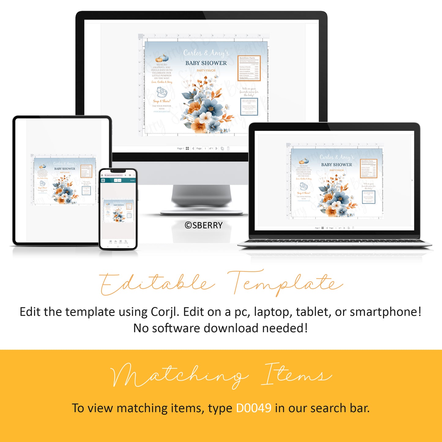 Editable baby shower chip bag template preview shown on desktop, tablet, and smartphone, featuring blue and orange floral design, customizable party favor packaging, Corjl instant download.