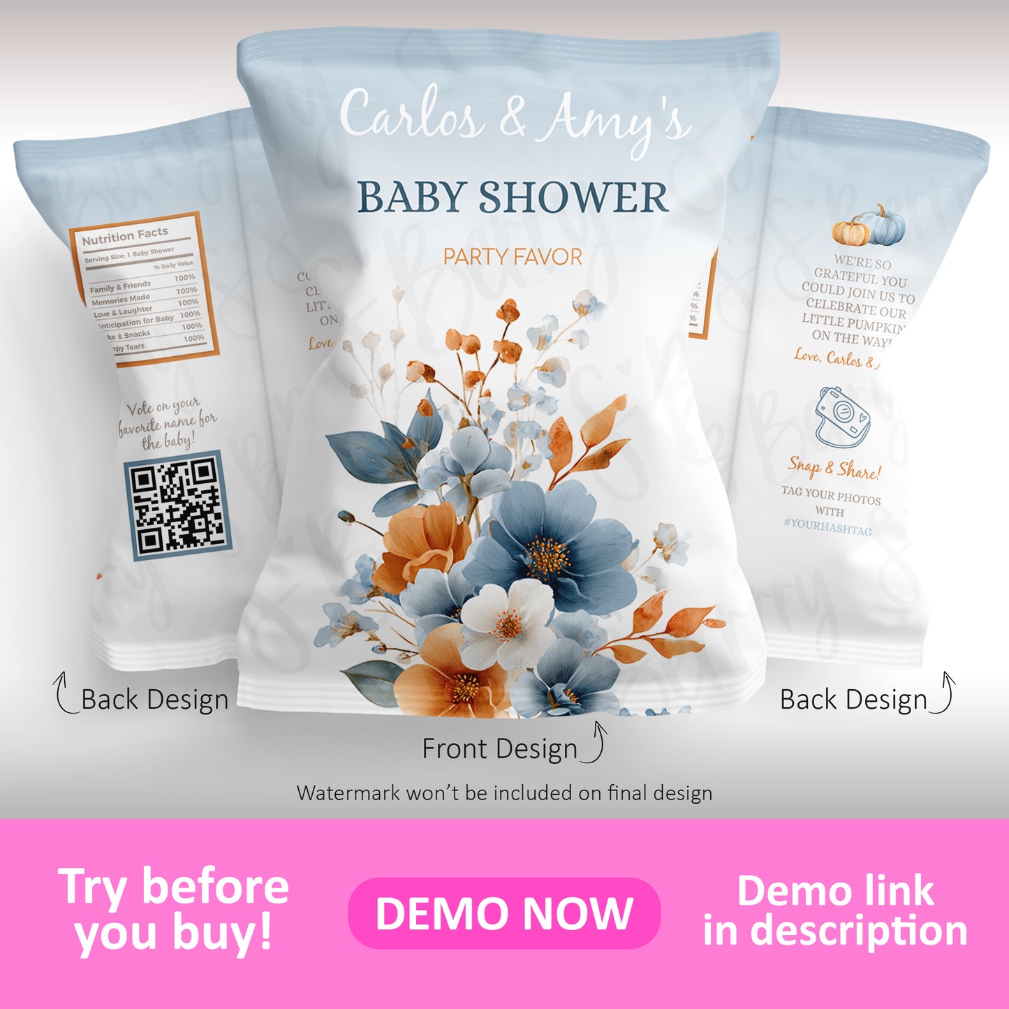 Baby shower chip bag template front and back design with blue and orange floral theme, personalized party favor packaging, includes QR code, nutrition label, and custom text areas.