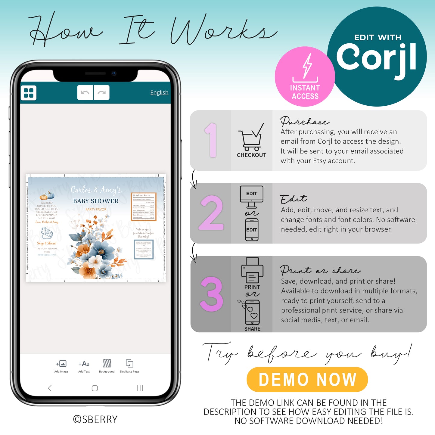 How to edit baby shower template using Corjl with step-by-step instructions for instant access, customizing text, and downloading printable party favor design.