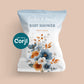 Personalized baby shower chip bag mockup with elegant blue and orange floral design, customizable party favor template editable with Corjl.