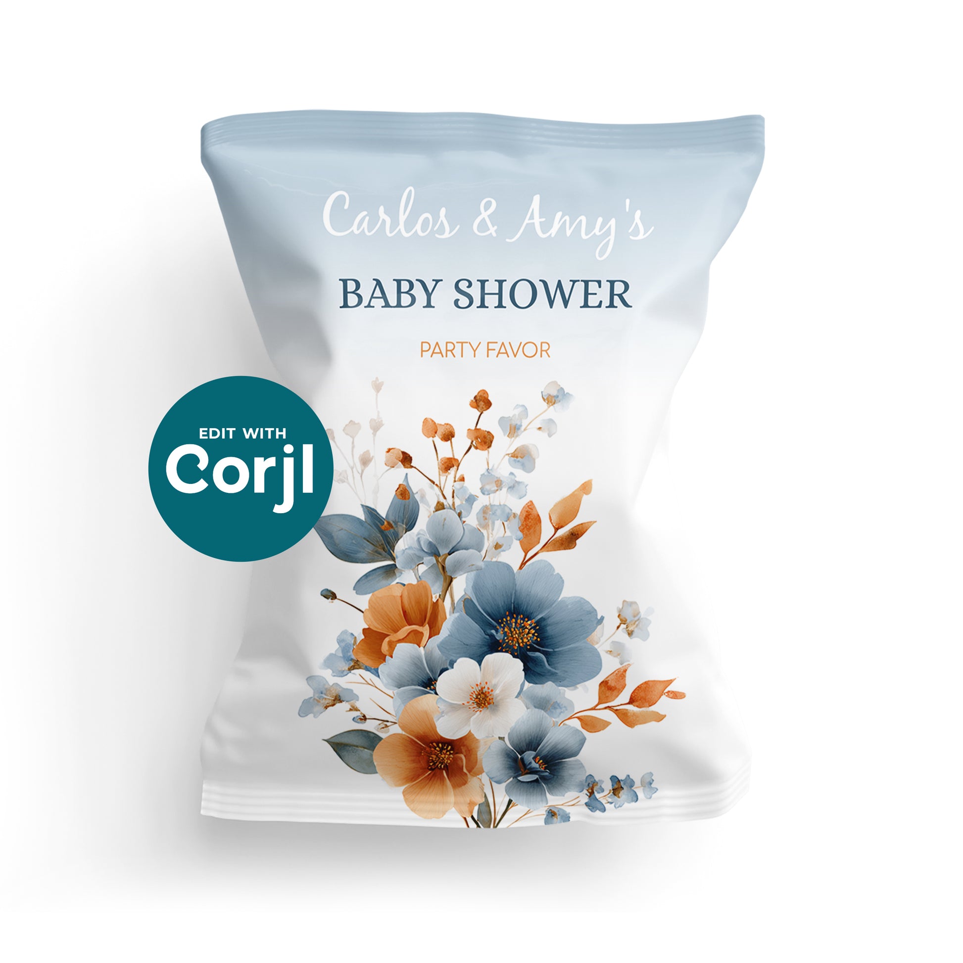 Custom baby shower chip bag template on white background with soft blue and orange floral design, editable party favor packaging for instant download.