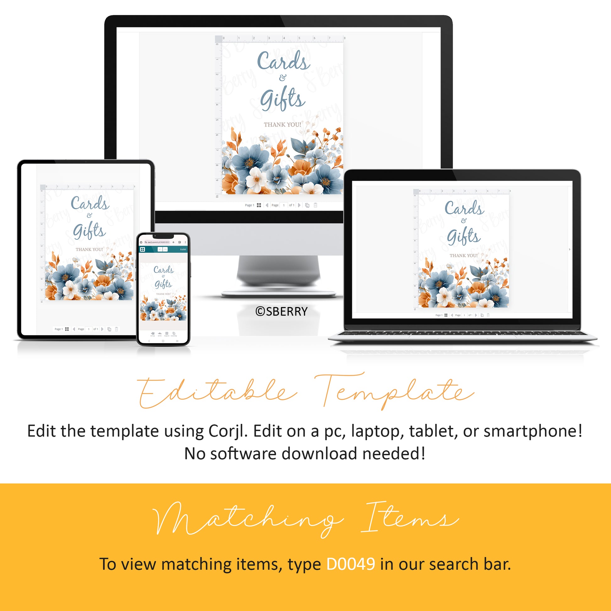 Editable baby shower signs template set displayed on phone, tablet, and desktop using Corjl, blue and orange floral theme
