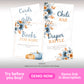 Baby shower sign bundle including cards and gifts sign, books for baby, diaper raffle, and chili bar signs with blue and orange florals