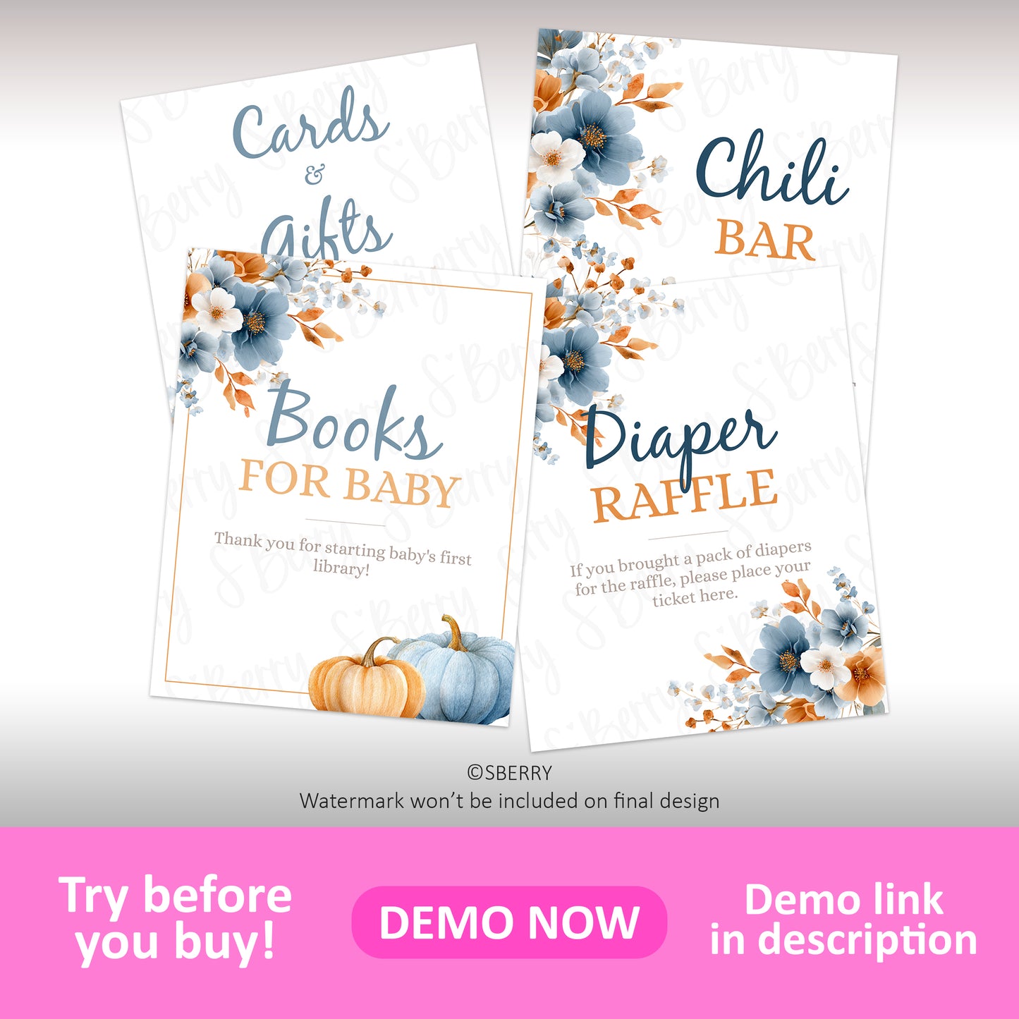 Baby shower sign bundle including cards and gifts sign, books for baby, diaper raffle, and chili bar signs with blue and orange florals