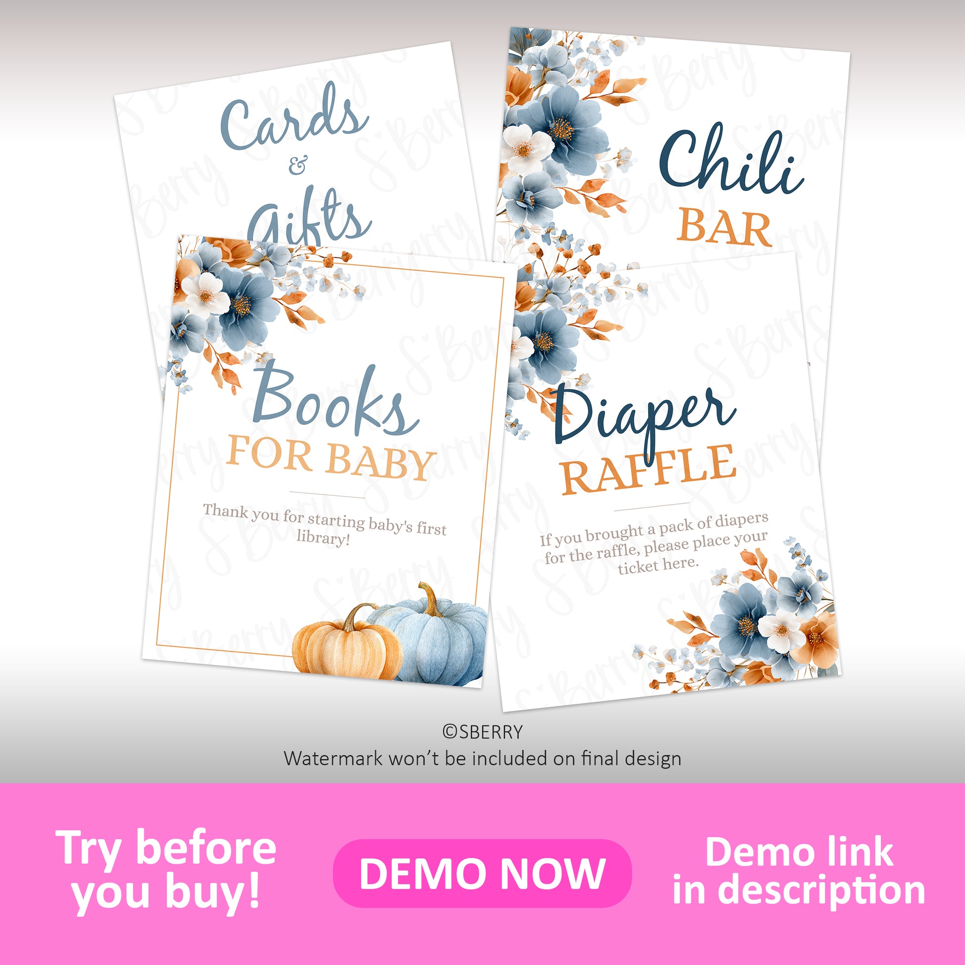 Baby shower sign bundle including cards and gifts sign, books for baby, diaper raffle, and chili bar signs with blue and orange florals
