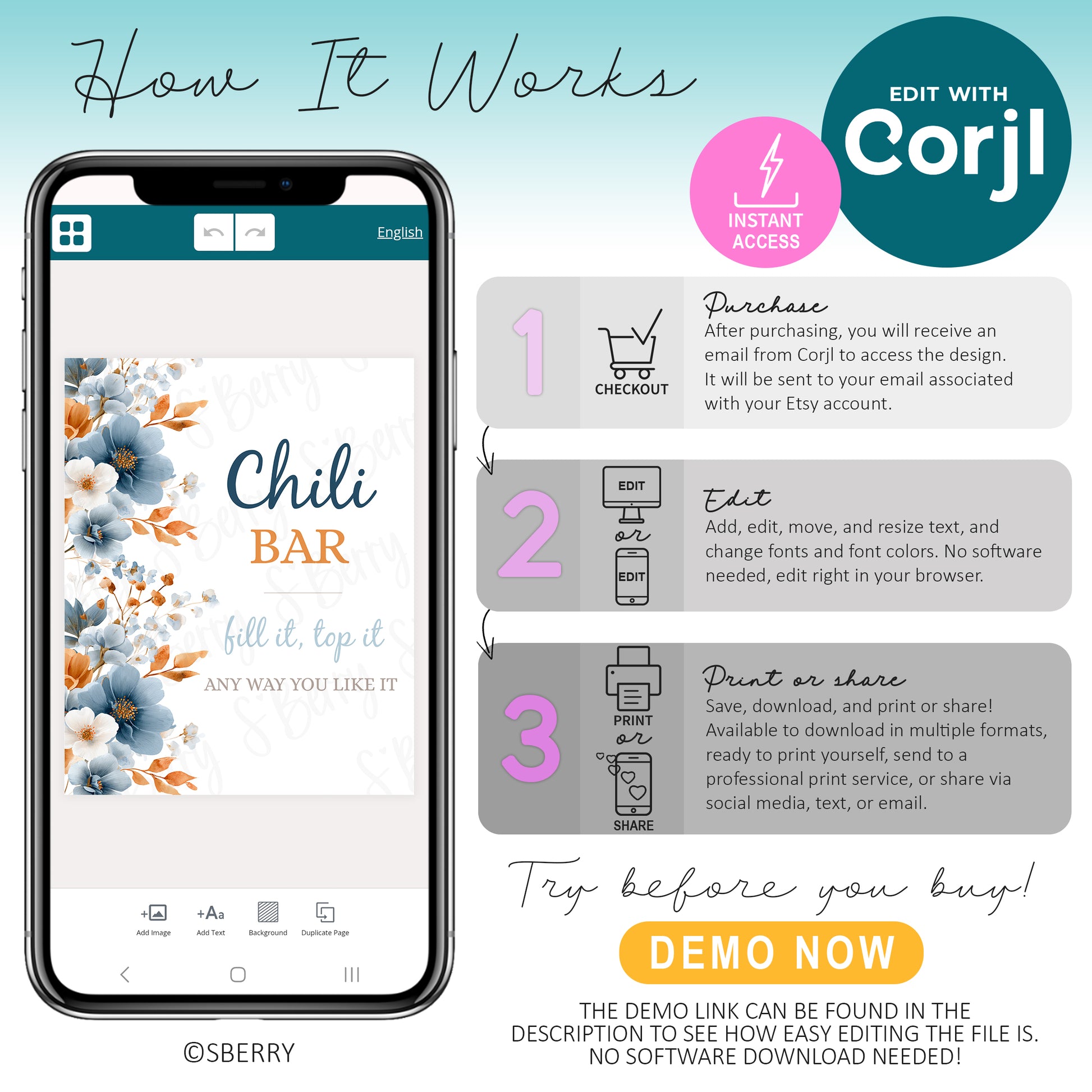 Corjl editable template instructions showing how to edit, customize, and download baby shower signs instantly