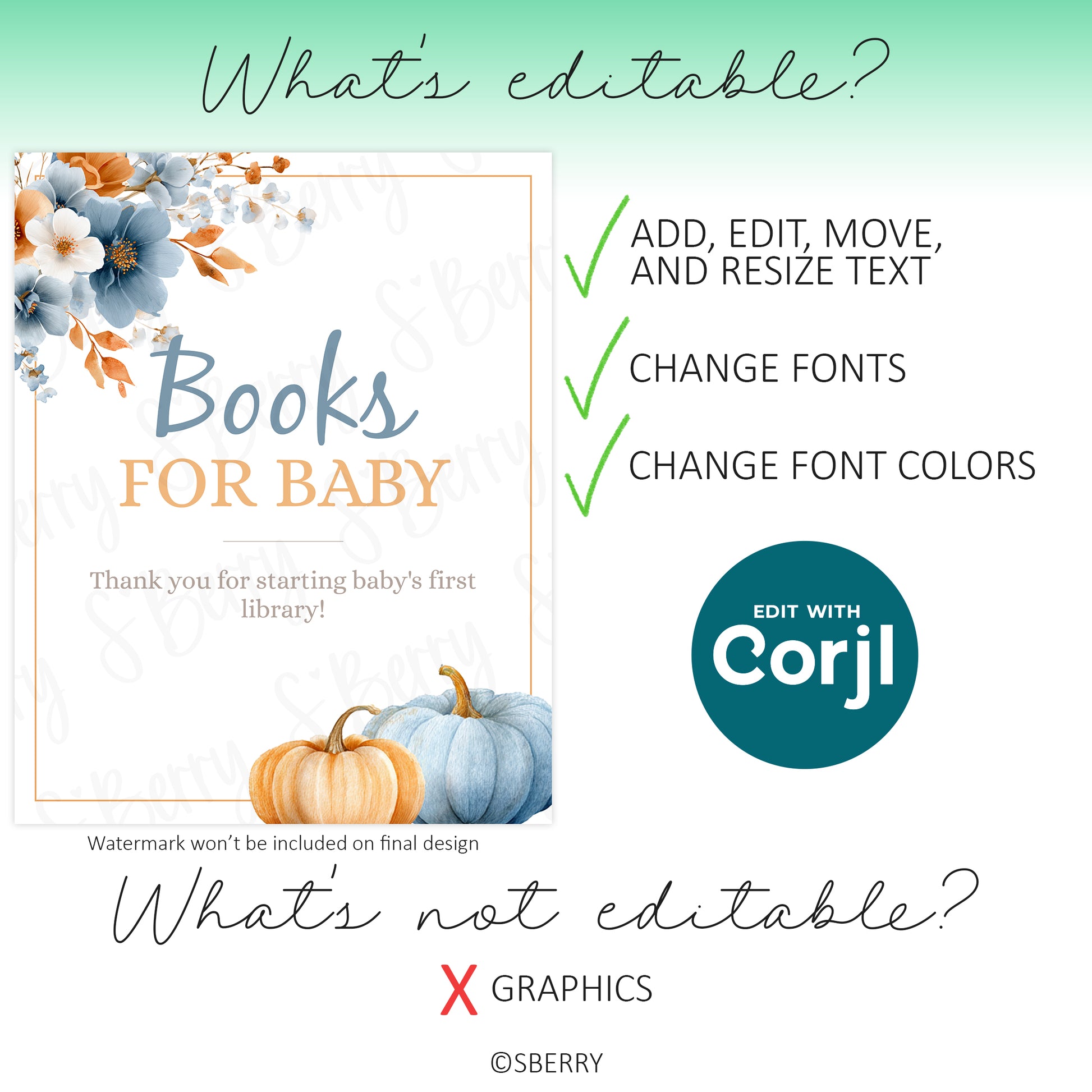 Editable baby shower sign features including text editing, font changes, and color customization using Corjl