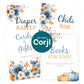 Printable baby shower signs set with blue and orange floral design including cards and gifts, diaper raffle, books for baby, and chili bar