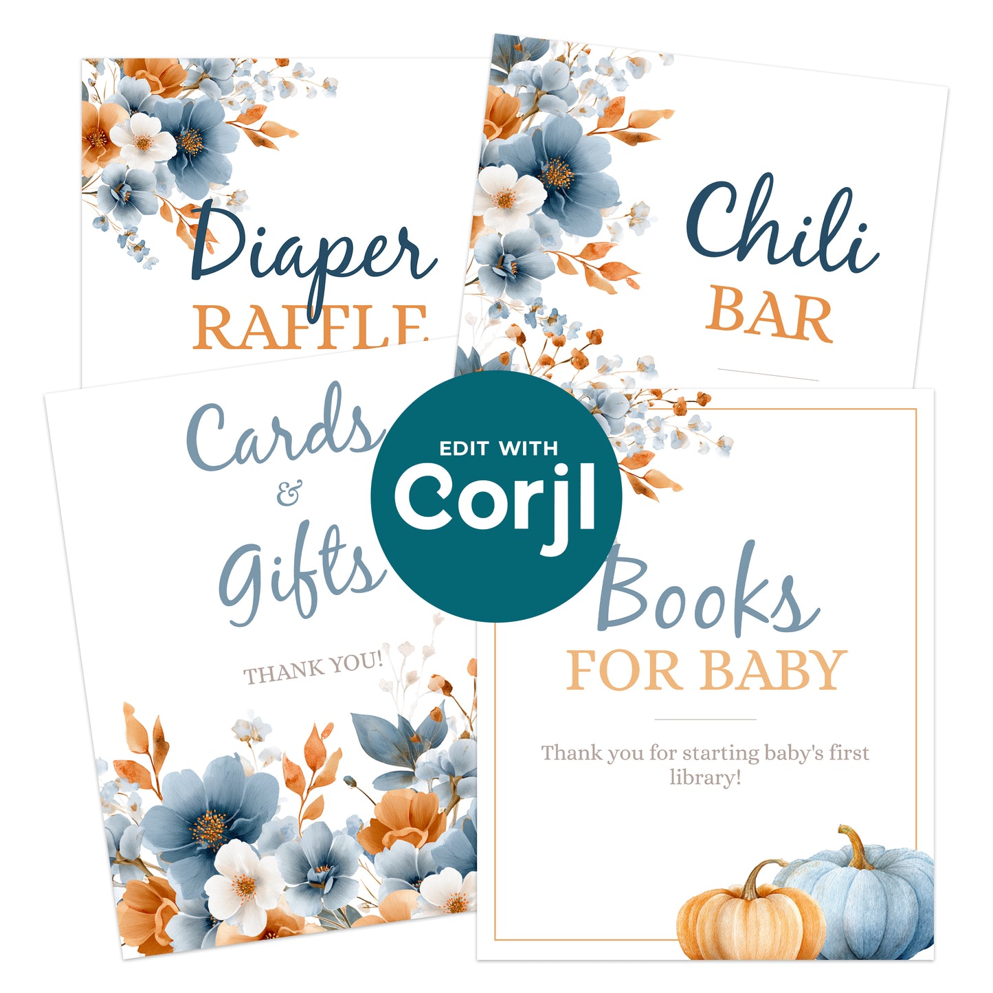 Printable baby shower signs set with blue and orange floral design including cards and gifts, diaper raffle, books for baby, and chili bar