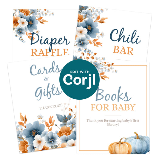 Printable baby shower signs set with blue and orange floral design including cards and gifts, diaper raffle, books for baby, and chili bar