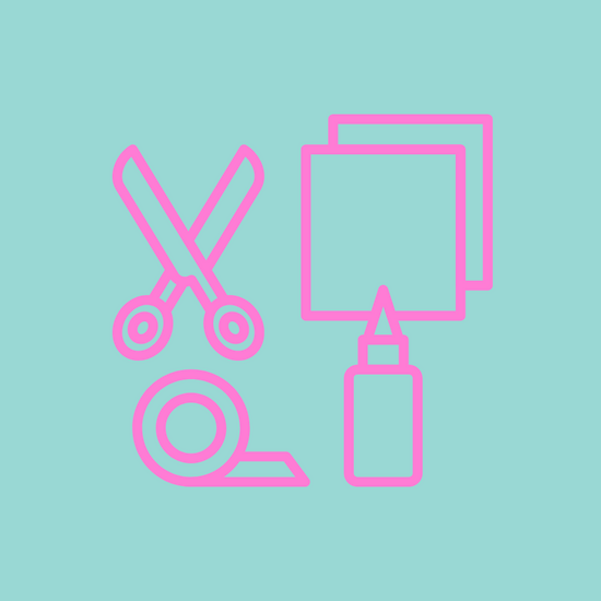 Pink outline icons of scissors, tape, paper, and glue on a light blue background.