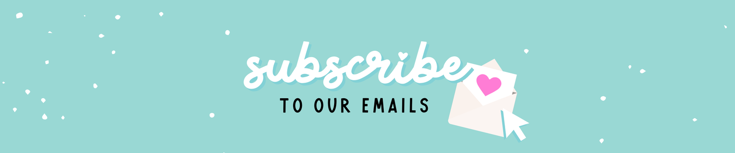 Subscribe to our emails" image with an envelope and a heart icon on a teal background.