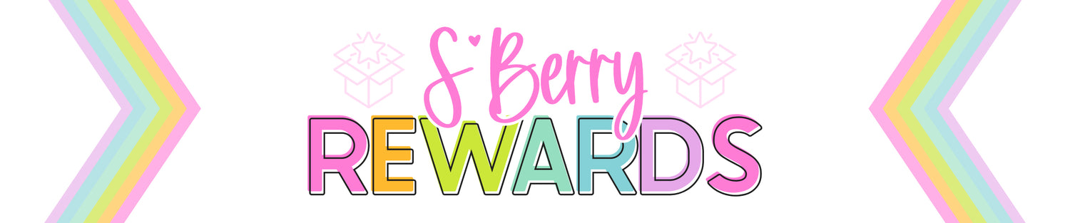 Text reading "S'Berry Rewards" in pink and multicolored letters with rainbow-colored chevron designs on the sides.