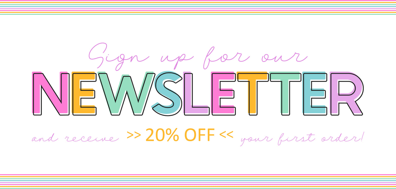 Newsletter sign-up promotion offering 20% off the first order, with colorful text and horizontal stripe borders.