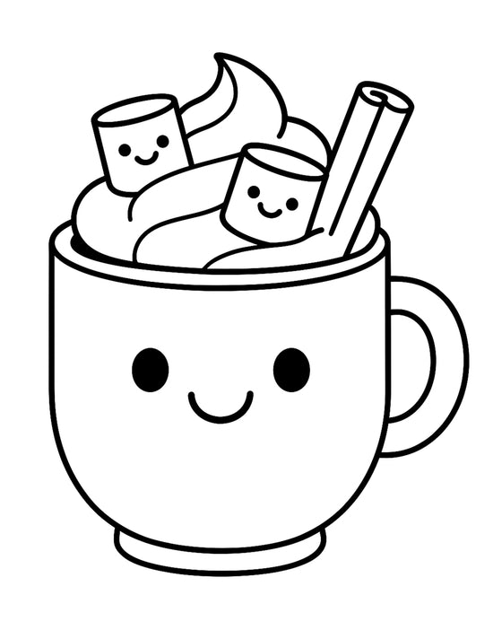 Black and white drawing of a smiling cup filled with whipped cream, two smiling marshmallows, and two cinnamon sticks.