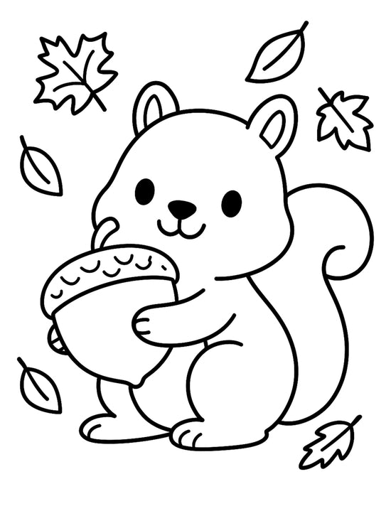 A cartoon squirrel holds a large acorn while autumn leaves fall around it.